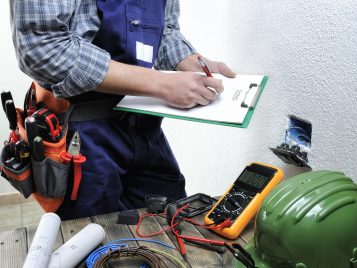 Young electrician takes notes while working in a residential electrical installation
