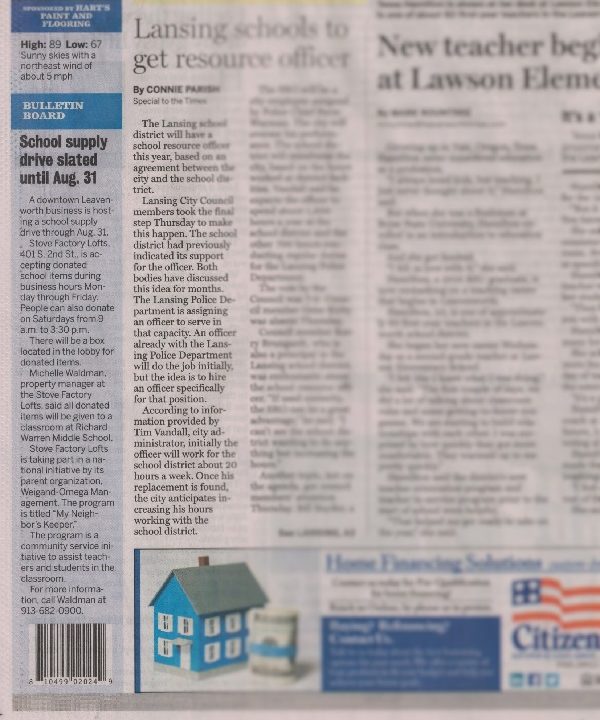 Leavenworth Times News Article about our teacher's dream list drive at stove lofts