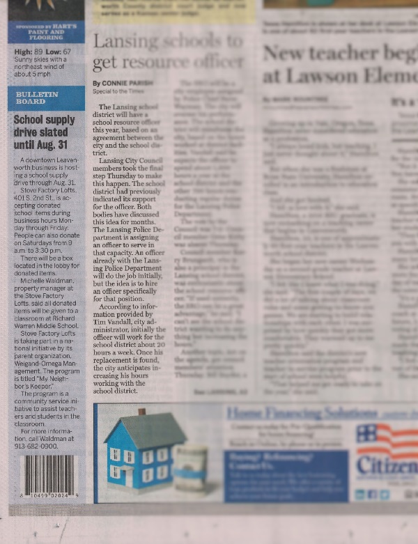 Leavenworth Times News Article about our teacher's dream list drive at stove lofts