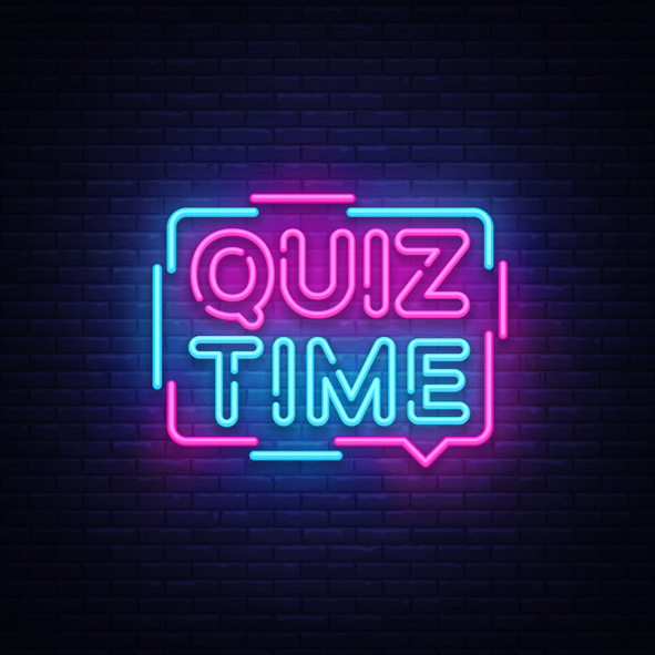 Quiz Time announcement poster neon signboard vector. Pub Quiz vintage styled neon glowing letters shining, Light Banner, Questions team game.Vector illustration.