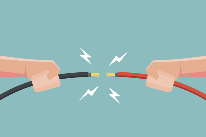 Hands holding electric cable with electricity spark. Vector illustration.